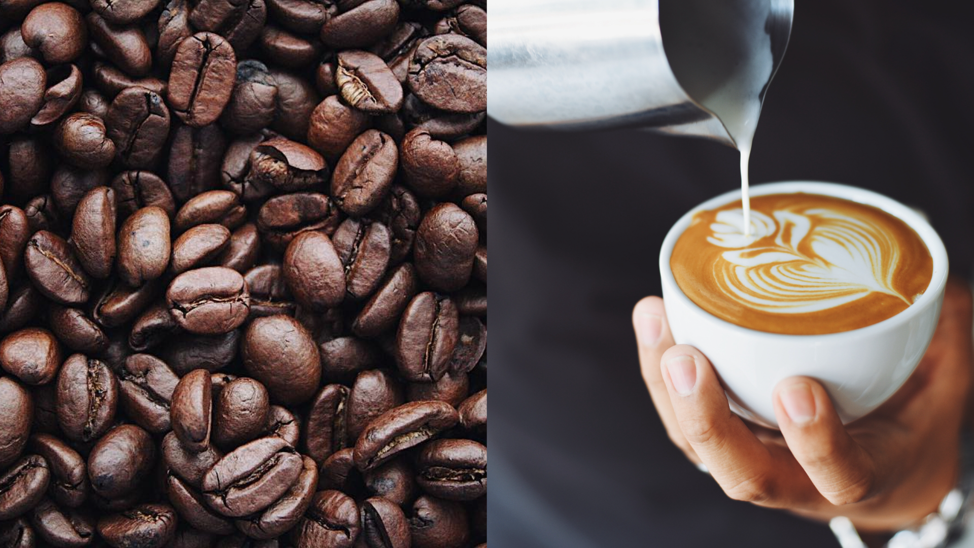 vpravo barista pripravuje kávu, vľavo zrná kávy