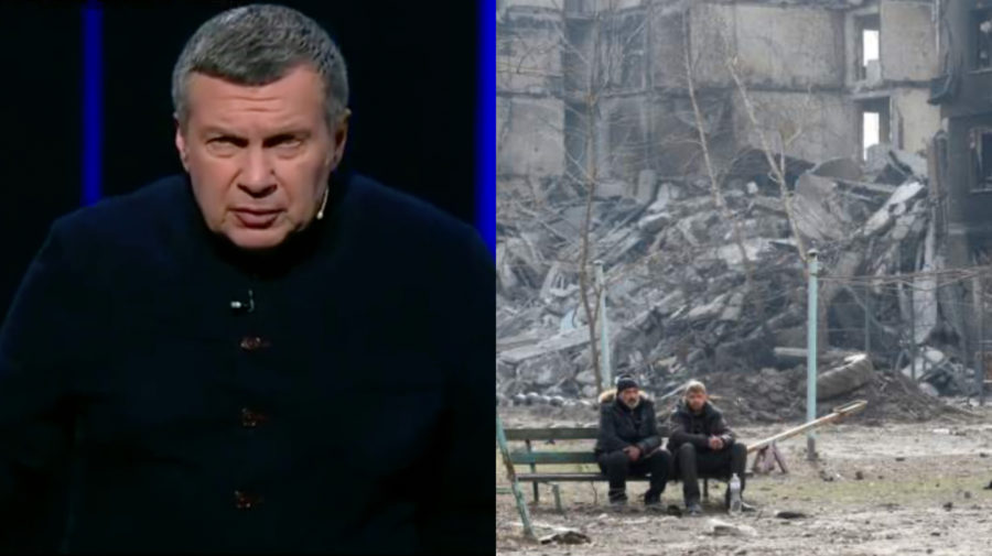 Ruský propagandista a modertátor Vladimir Solovjov v televízii obhajuje vojnu na Ukrajine. Zničený Mariupoľ a ľudia Ukrajinci sediaci na lavičke