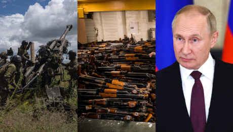 Ukrajinskí vojaci vo vojne na Ukrajine zahanbujú ruskú armádu. Kopa ruských samopaľov, pušiek, typu AK-47 pripravených na export. Vladimir Putin