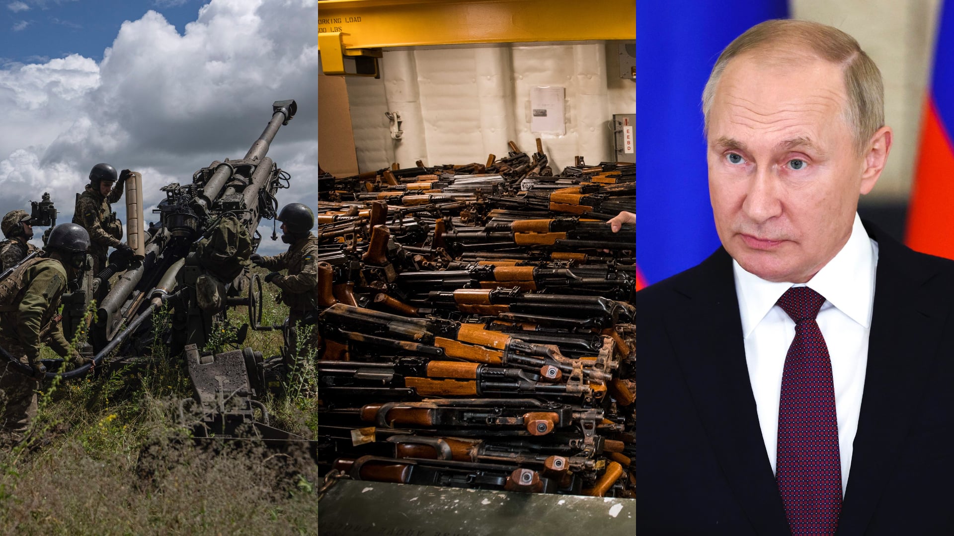 Ukrajinskí vojaci vo vojne na Ukrajine zahanbujú ruskú armádu. Kopa ruských samopaľov, pušiek, typu AK-47 pripravených na export. Vladimir Putin