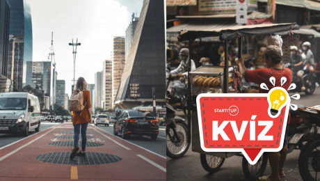 žena stojí na rušnej ulici, stánok s jedlom