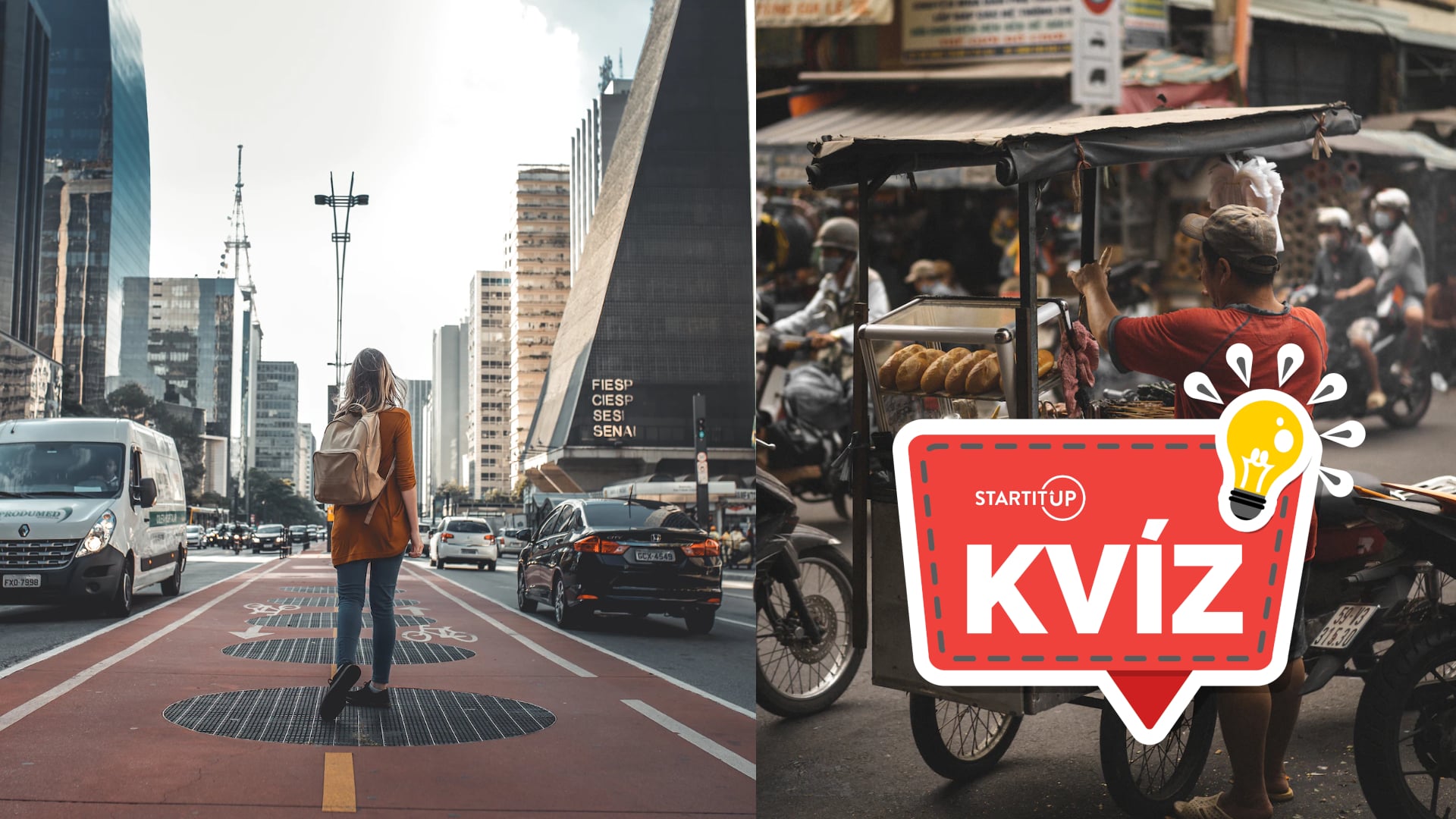 žena stojí na rušnej ulici, stánok s jedlom