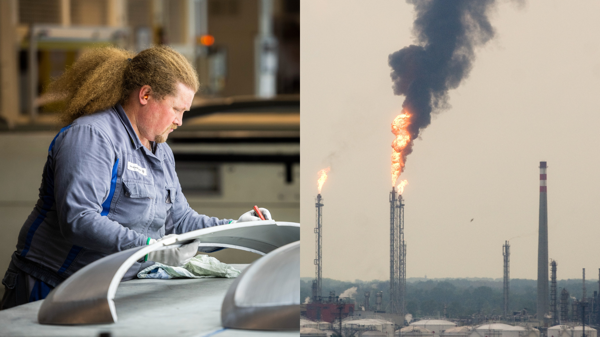 Robotník v závode Volkswagen, dym v závode Slovnaftu