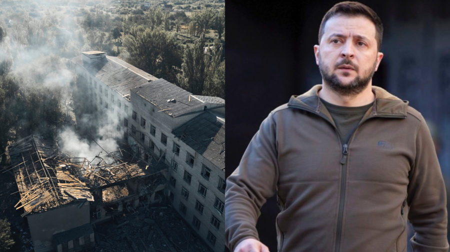 Zničená budova vo vojne na Ukrajine a ukrajinský prezident Volodymyr Zelenskyj