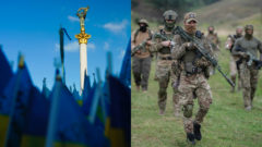 Ukrajinské vlajky v Kyjeve pri pamätníku. Ukrajinskí vojaci v akcii