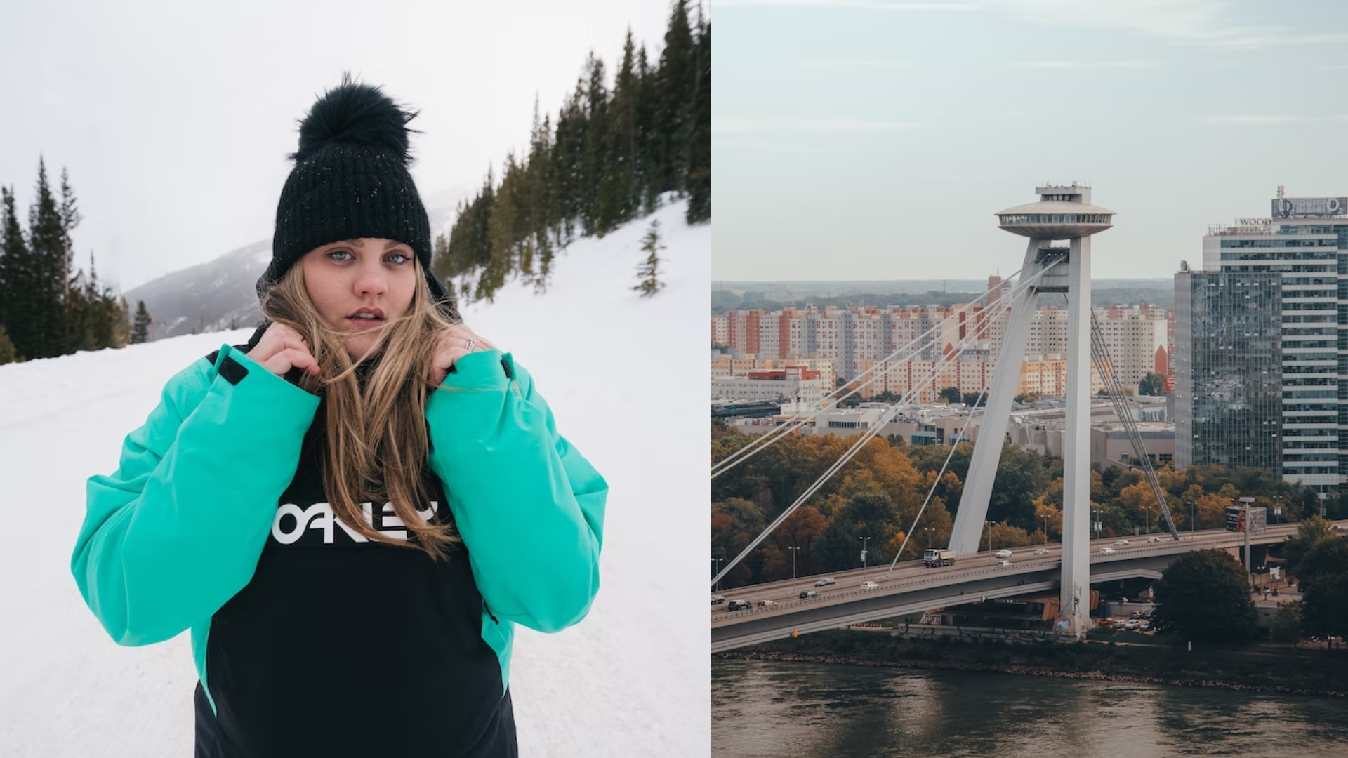 Na snímke je žena v zime a Bratislava.