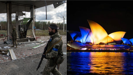 ukrajinskí vojaci, opera v sydney vysvietená ukrajinskými farbami