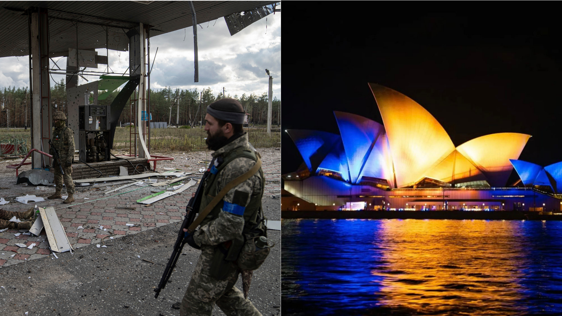 ukrajinskí vojaci, opera v sydney vysvietená ukrajinskými farbami