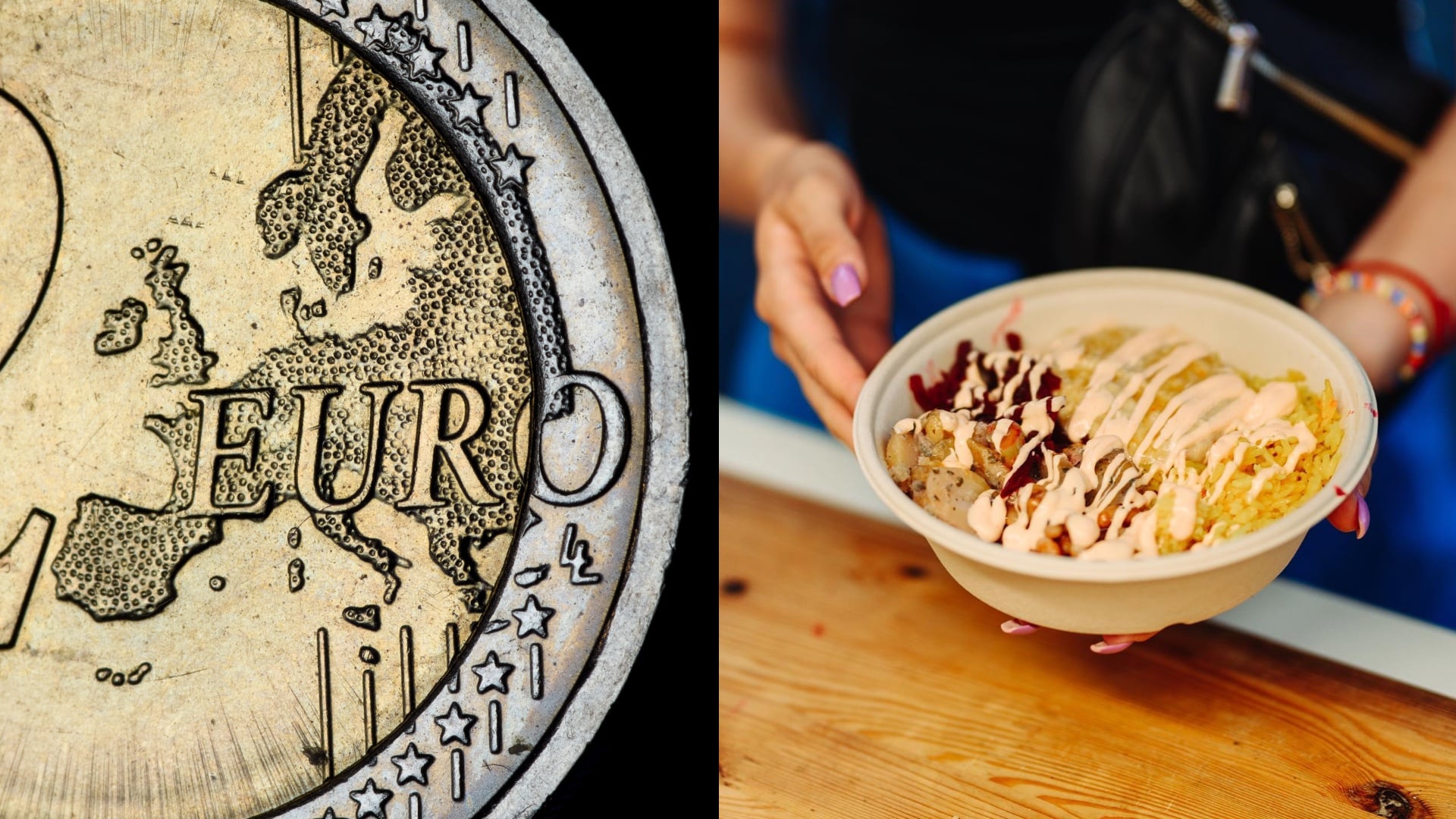 detail na jednoeurovku a ruky s miskou