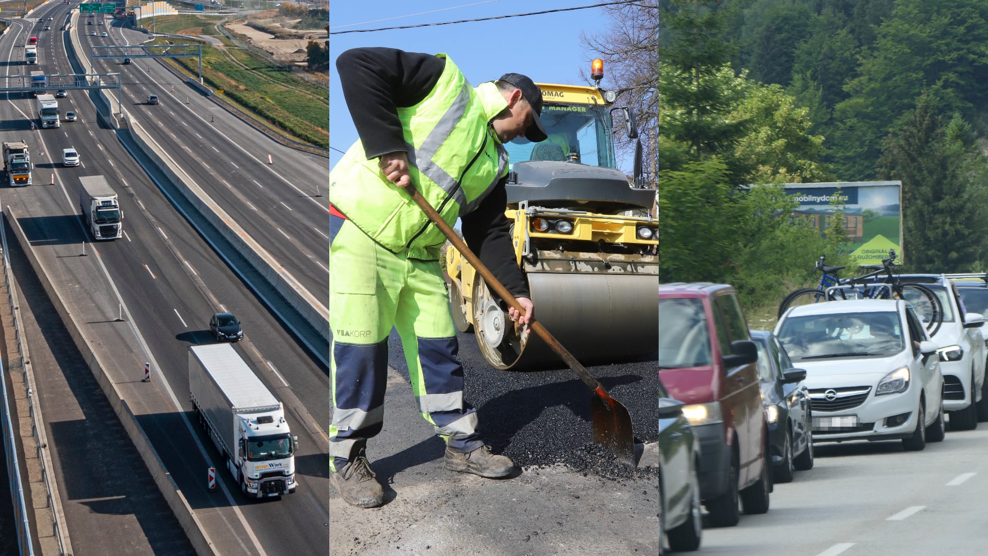 Práca na cestách, diaľnica na Slovensku a kolóny a zápchy