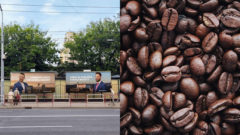 Vpravo zrnká kávy, vľavo bilboardová kampaň bratislavskej kaviarne a pražiarne Black