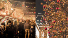 Dav ľudí na vianočných trhoch, vianočný stromček, ilustračné foto