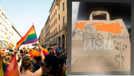 Wolt taška popísaná hanlivými slovami, vlajka LGBTI+ komunity,