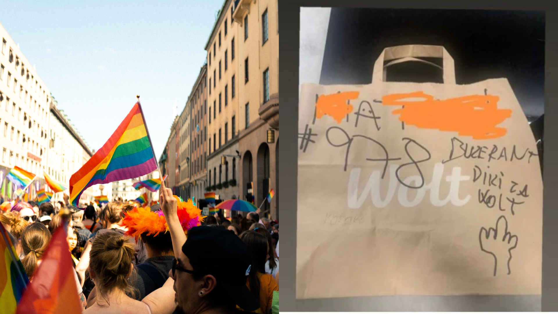 Wolt taška popísaná hanlivými slovami, vlajka LGBTI+ komunity,