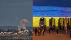 Dym stúpa po ruskom ostreľovaní v meste Bachhmut, v Doneckej oblasti, Demonštrácia pre mier na Ukrajine v Rakúsku, ilustračné foto