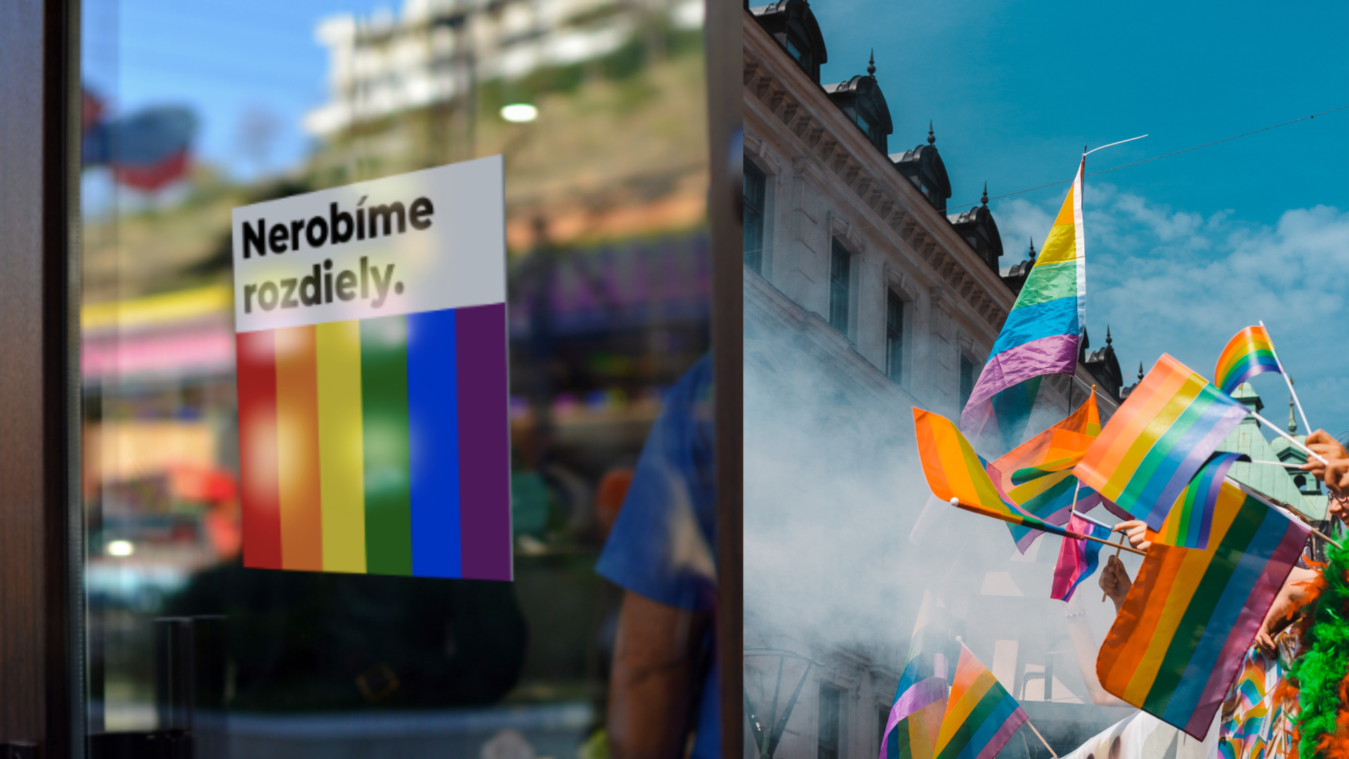 Nálepka Nerobíme rozdiely, PRIDE pochod, dúhové vlajky, ilustračná foto