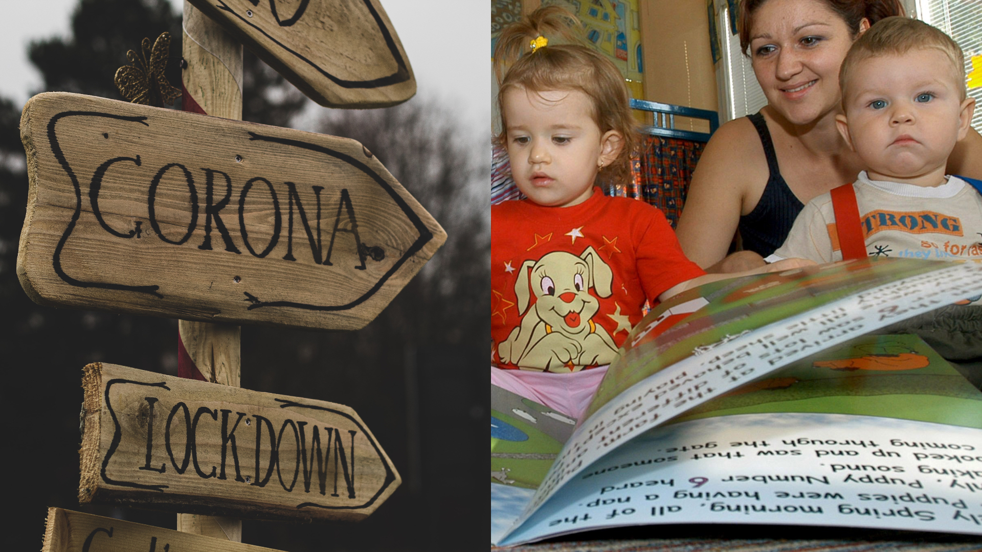Značka ukazujúca nápis korona a lockdown. Batoľatá čítajú knihu