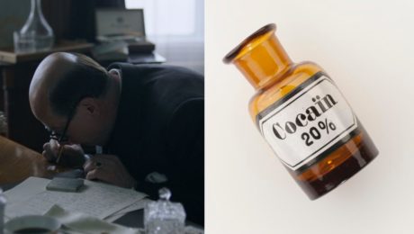 Masaryk šňupajúci kokaina. flaška kokaínu