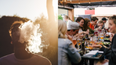 Muž, ktorý vydychuje dym a ľudia v reštaurácii