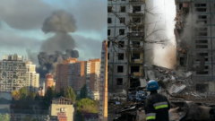 Výbuch v Kyjeve a hasič na mieste výbuchu niekde v Ukrajine