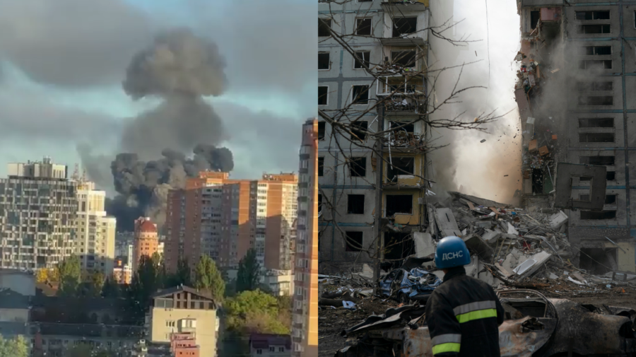 Výbuch v Kyjeve a hasič na mieste výbuchu niekde v Ukrajine
