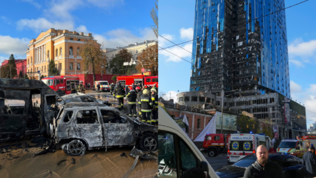 Zničené autá a budova v Kyjeve po ruských útokoch
