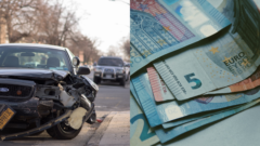 Havarované auto na ulici a eurové bankovky