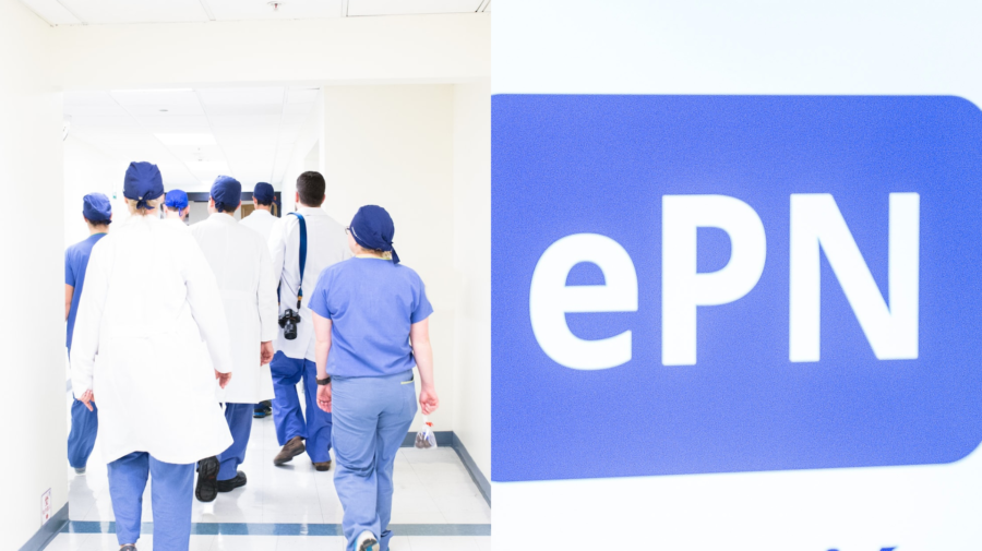 Lekári v nemocnici a logo elektronickej PN