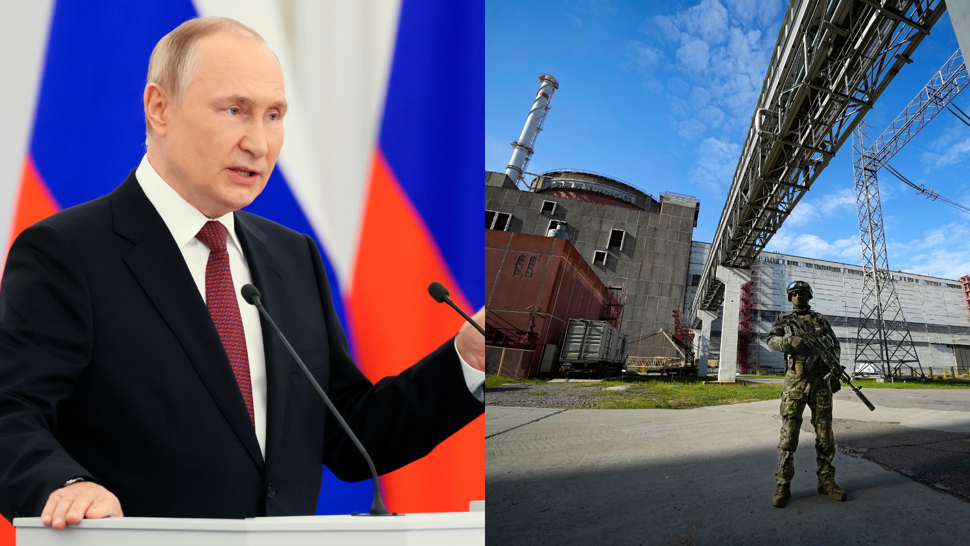 Vladimir Putin a ruský vojak v priestoroch Záporožskej atómovej elektrárne