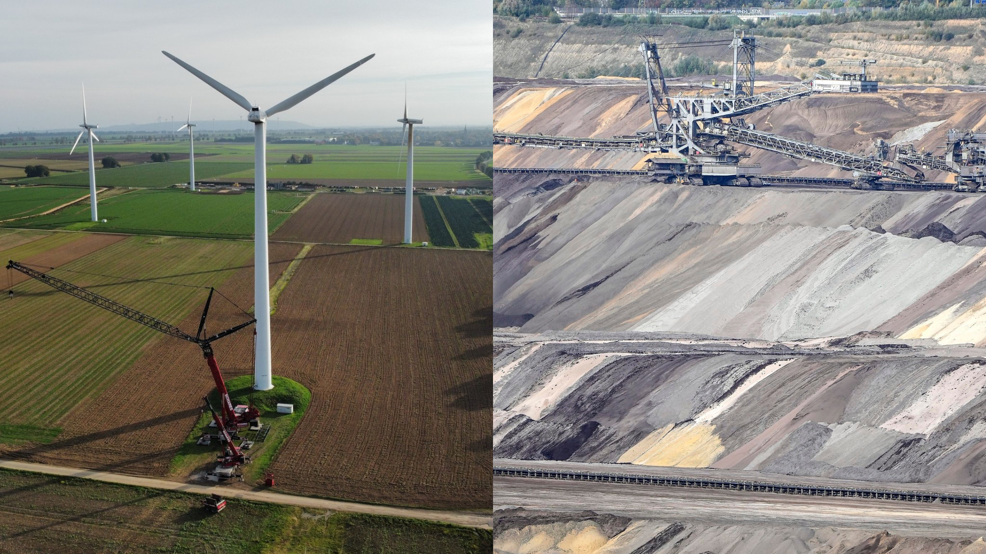 Povrchová baňa hnedého uhlia pri nemeckej dedine Garzweiler a veterné turbíny na území bane