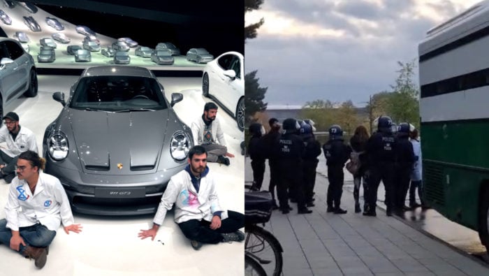 Aktivisti sa prilepili na podlahu v múzeu Porsche. Zamestnanci vypli kúrenie a nechali ich tam