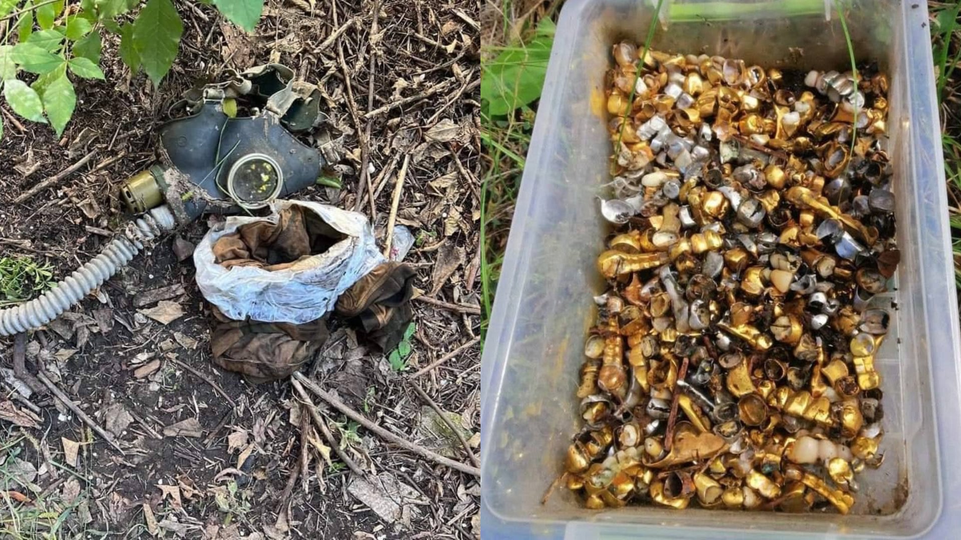 Plynová maska s tlejúcou handrou, ktorú ruské jednotky používali na mučenie civilistov a zajatcov na Ukrajine. Vytrhané zlaté zuby Ukrajincov