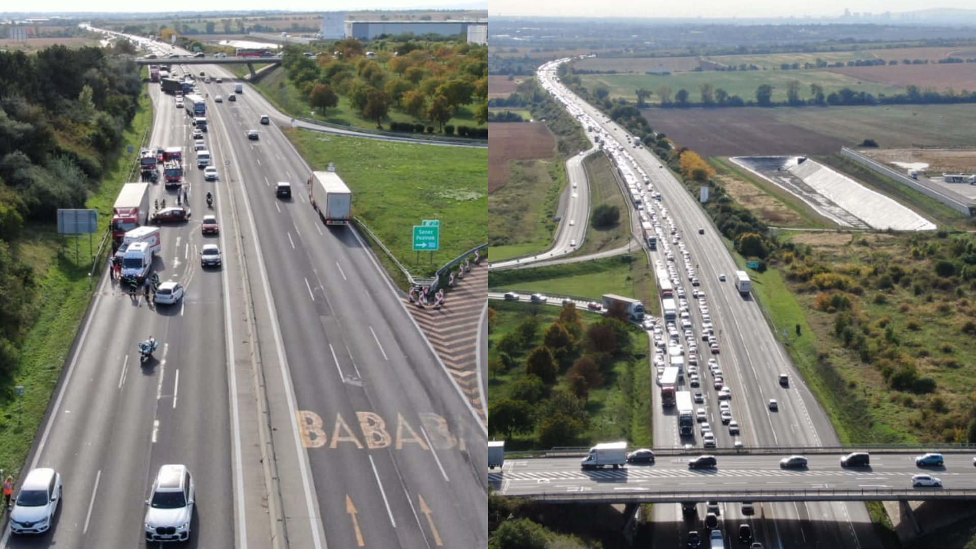 Na diaľnici D1 v smere do Trnavy od Senca je pre nehodu 4 áut 8 kilometrová kolóna