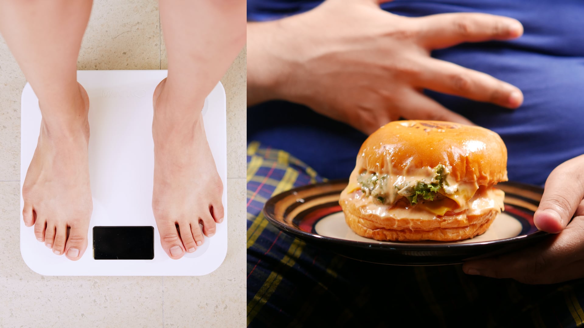 človek stoji na váhe, obézny človek s jedlom na tanieri