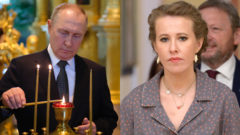 Ruský prezident Vladimir Putin zapaľuje sviečky. Ortodoxný kostol, v ktorom sa Putin nachádza. Hľadaná a obvinená Xénia Sobčaková, Putinova krstná dcéra, ktorá kandidovala za prezidentku Ruska