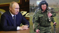 Ruský prezident Vladimir Putin namosúrene, nervózne, nahnevane a negatívne hľadí. Ruský vojak mobilizovaný do vojny na Ukrajine