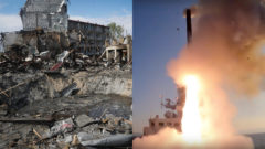 Zničená ukrajinská štvrť po ruskom ostreľovaní. Ruská odpálená navádzaná raketa