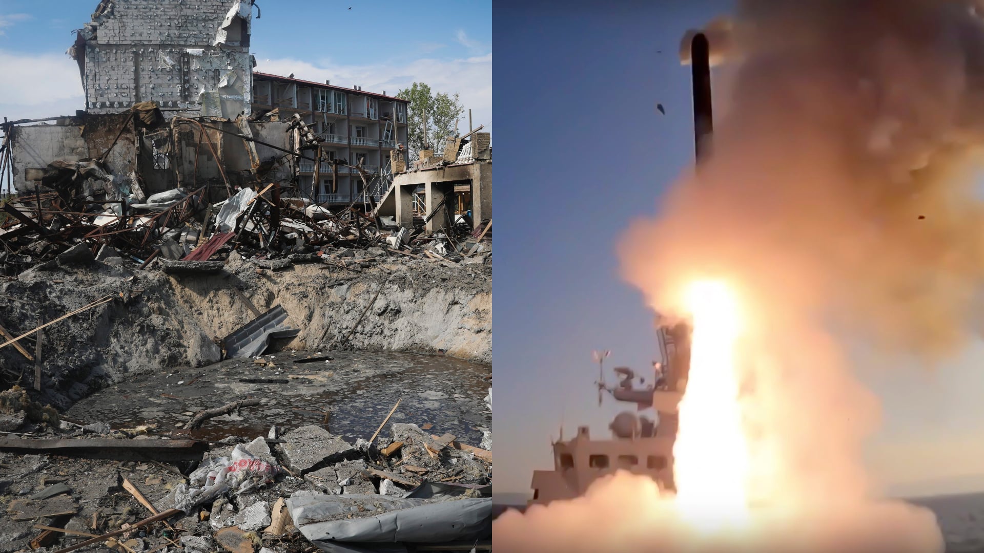 Zničená ukrajinská štvrť po ruskom ostreľovaní. Ruská odpálená navádzaná raketa