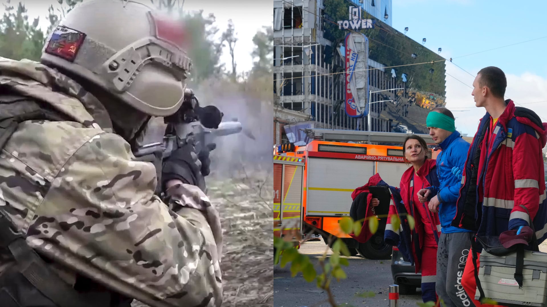 Ruský vojak strieľa zo zbrane. Zničená ukrajinská budova, sanitka a Ukrajinci