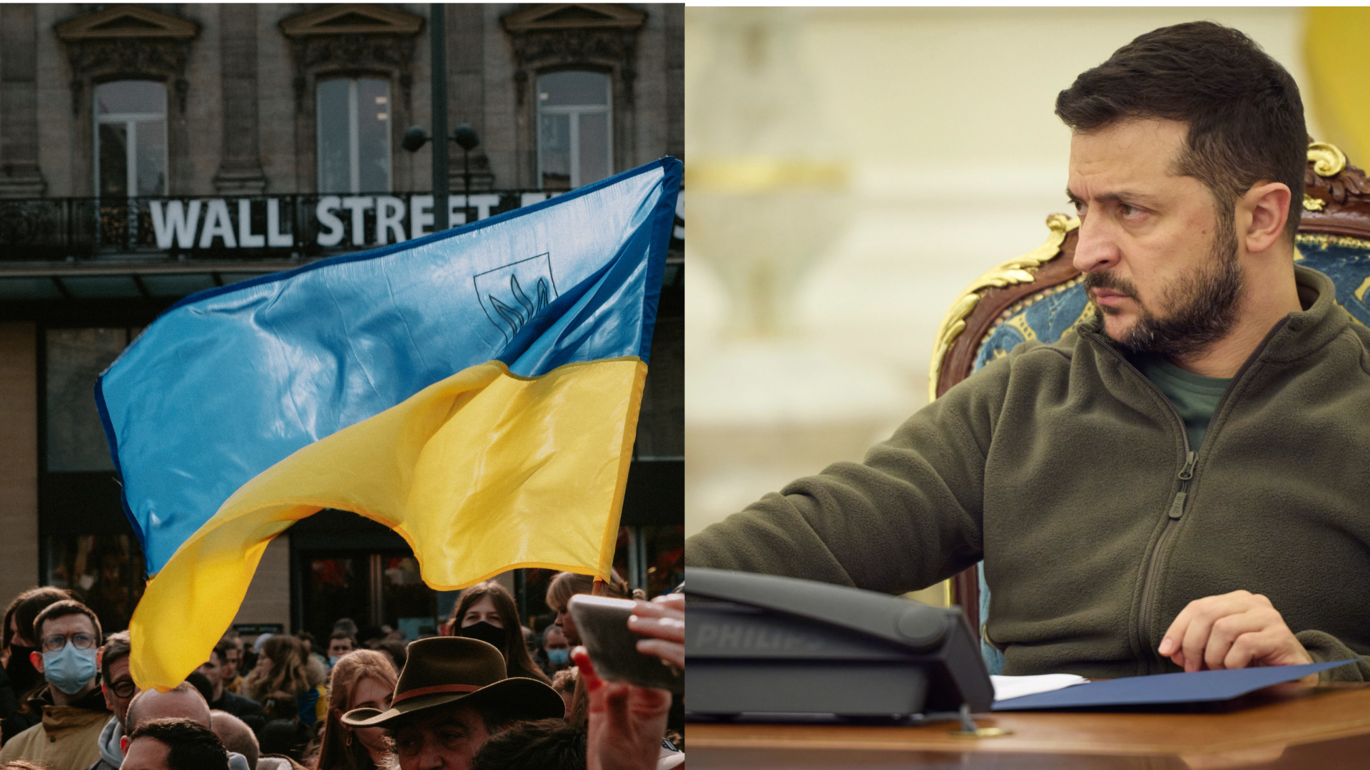 Vpravo prezident Ukrajiny Volodymyr Zelenskyj, vľavo ukrajinská vlajka