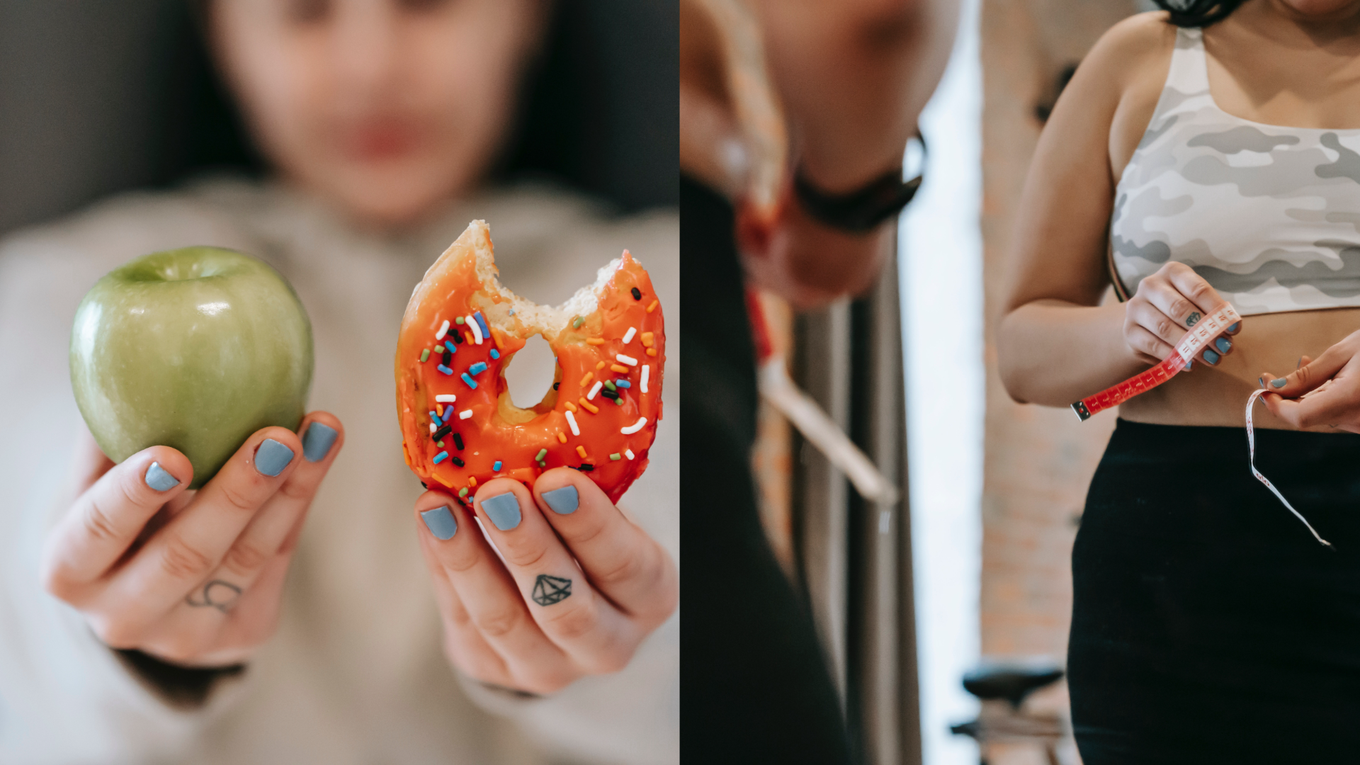 vpravo dievčina si meria obvod svojho pásu, vľavo dievčina sa rozhoduje medzi jablkom a koblihou