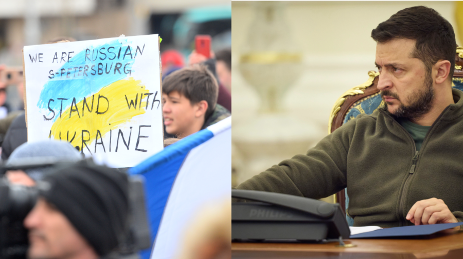 Vpravo prezident Ukrajiny Volodymyr Zelenskyj, vľavo protest proti vojne