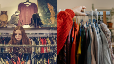 Vpravo osoba hľadajúca oblečenie v secondhande, vľavo dievčina nakupuje oblečenie v secondhande