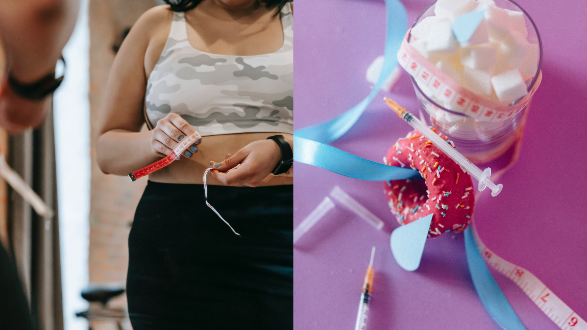 Vpravo veci spájané s ochorením diabetes, vľavo žena, ktorá si meria svoj obvod pásu