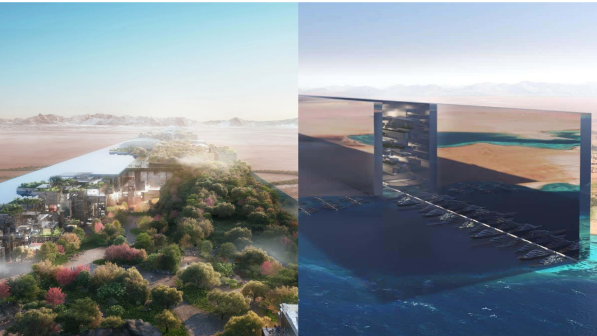 Vpravo hyperfuturistické mesto Neom vznikne na saudskoarabskej púšti, vľavo vizualizácia mesta Neom