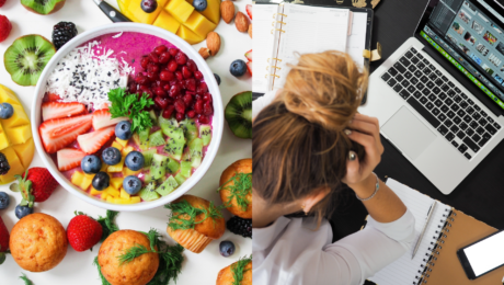 Vpravo žena vystavujúca sa stresu, vľavo vyvážená strava