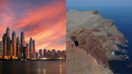 Vpravo záber na súostrovie Madeira, vľavo záber na arabskú metropolu Dubaj