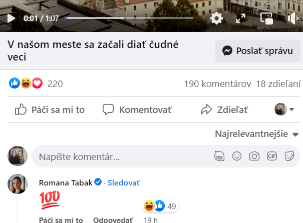 Screenshot komentáru Romany Tabák