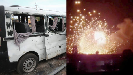 Ruská armáda zaútočila na ukrajinský konvoj. Zomrelo 25 civilistov. Zničená dodávka, výbuch