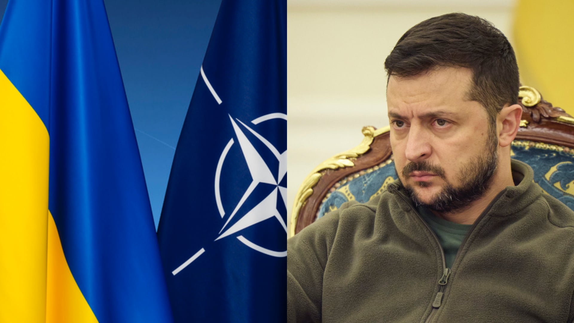 Ukrajinská vlajka a vlajka NATO. Prezident Zelenskyj hľadí s vážnou tvárou a hnevom